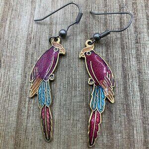 Cloisonne Parrot Vintage Multi Colored Gold Tone Dangling Earrings